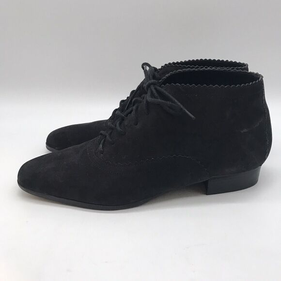 KIKIT Mat Black Leather Booties Women's 8 Lace Up Ankle Boots ZigZag Design Shoe - Picture 3 of 10